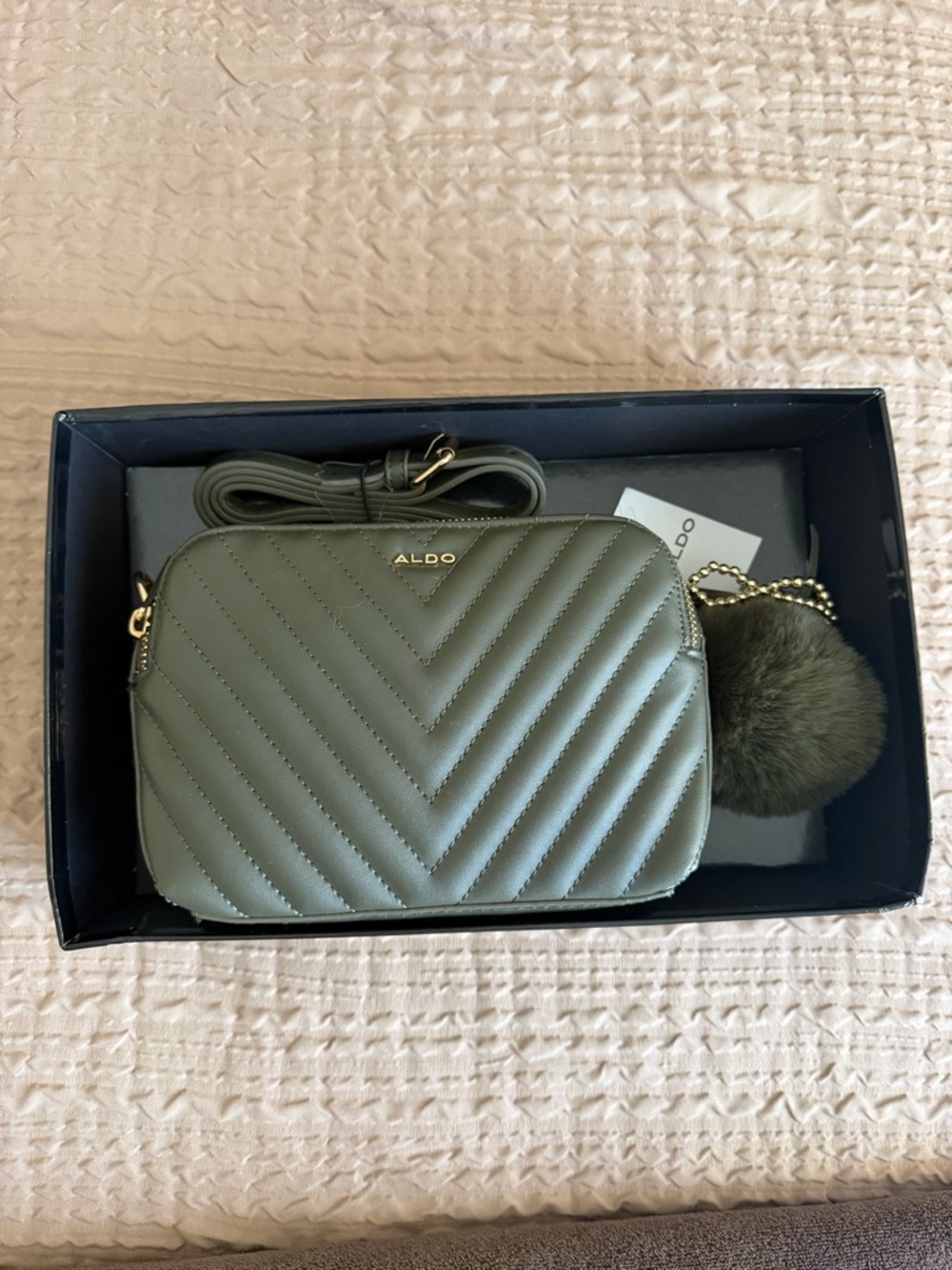ALDO Olive Green Quilted Crossbody with Pom Pom